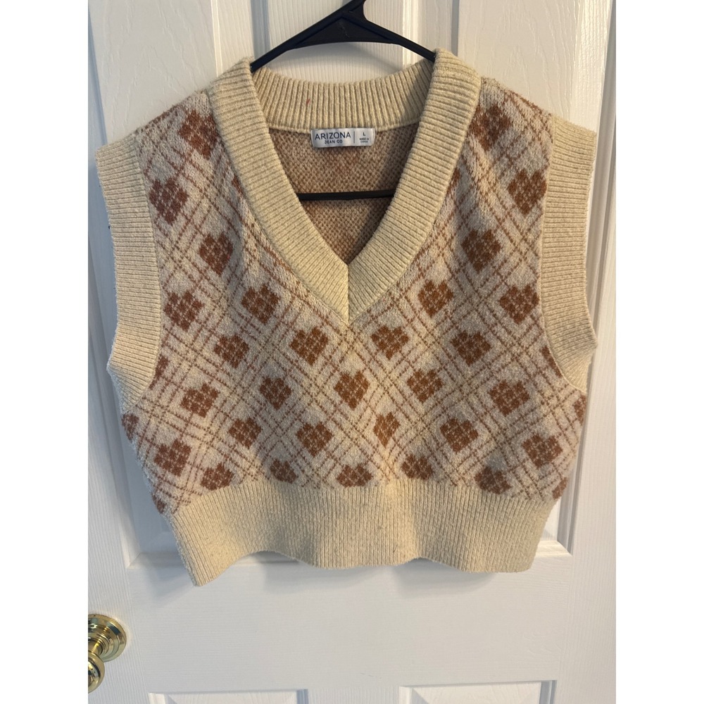 Arizona Jean Co Womens Heart Argyle V-Neck Sweater Vest Brown  Large Cropped